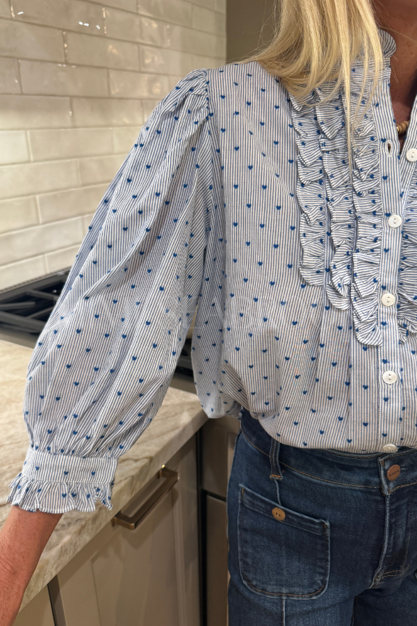Ruffle Front Button Blouse, Lyon Blue by Oliphant