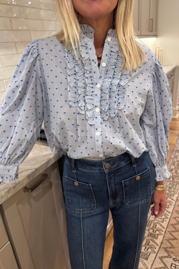 Ruffle Front Button Blouse, Lyon Blue by Oliphant