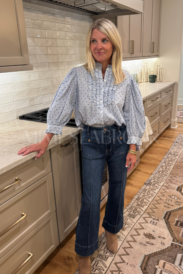 Ruffle Front Button Blouse, Lyon Blue by Oliphant