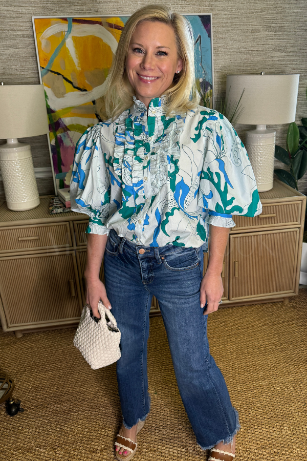 Ruffle Front Button Blouse, Orchid Green by Oliphant