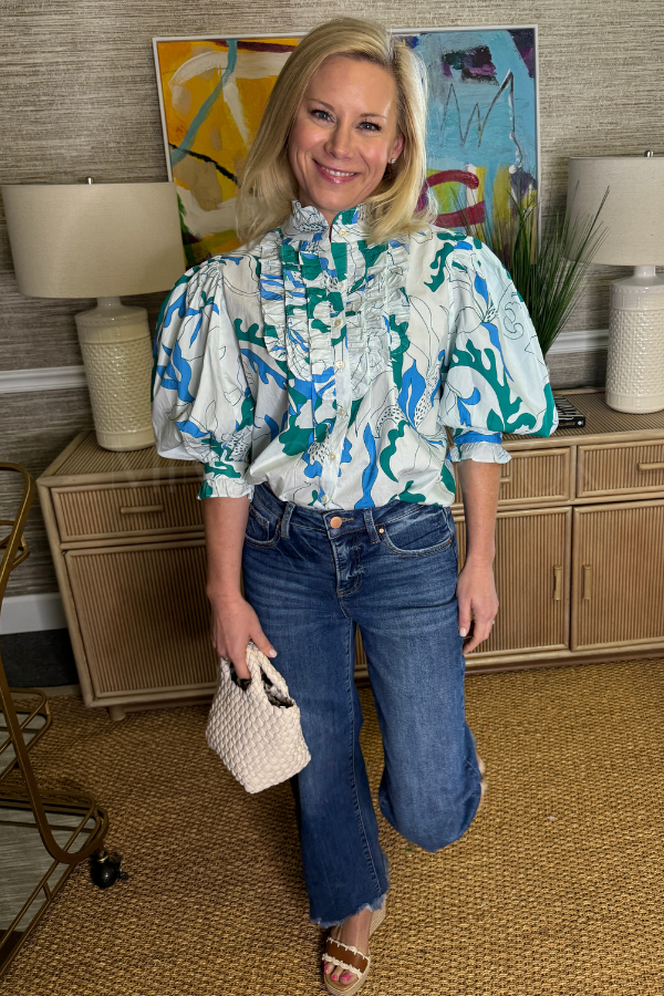 Ruffle Front Button Blouse, Orchid Green by Oliphant