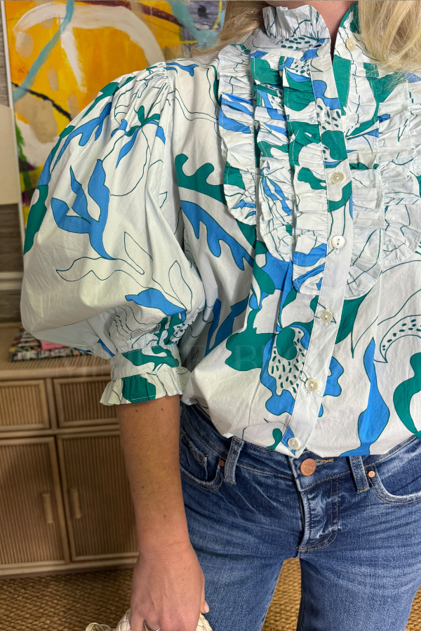 Ruffle Front Button Blouse, Orchid Green by Oliphant