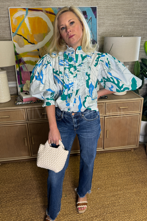 Ruffle Front Button Blouse, Orchid Green by Oliphant