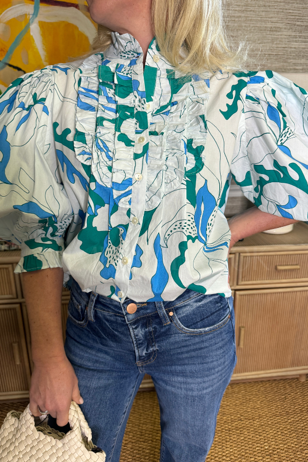 Ruffle Front Button Blouse, Orchid Green by Oliphant