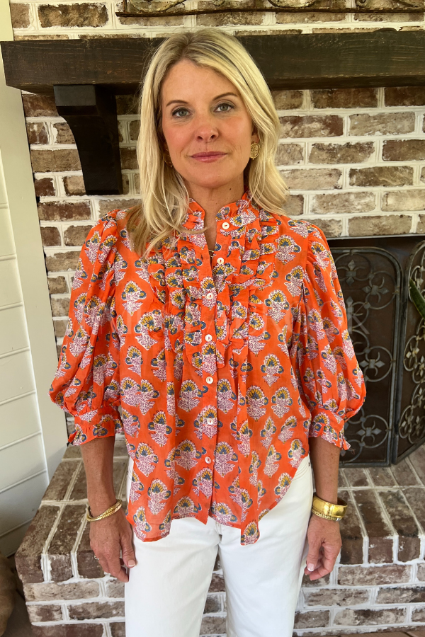 Ruffle Front Button Blouse, Patna Red by Oliphant