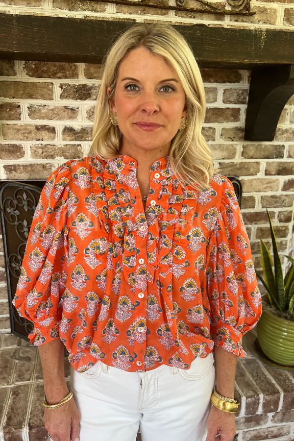 Ruffle Front Button Blouse, Patna Red by Oliphant