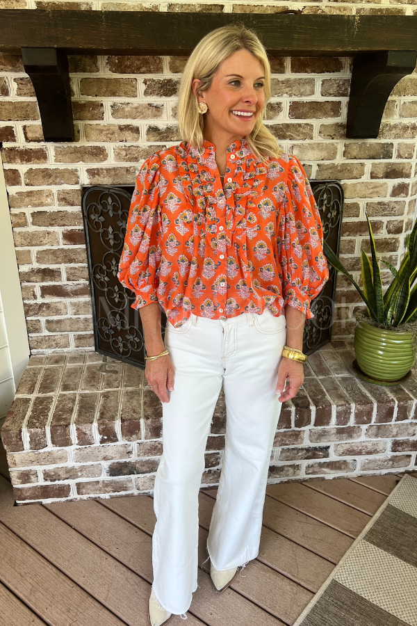 Ruffle Front Button Blouse, Patna Red by Oliphant