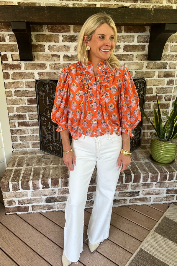 Ruffle Front Button Blouse, Patna Red by Oliphant