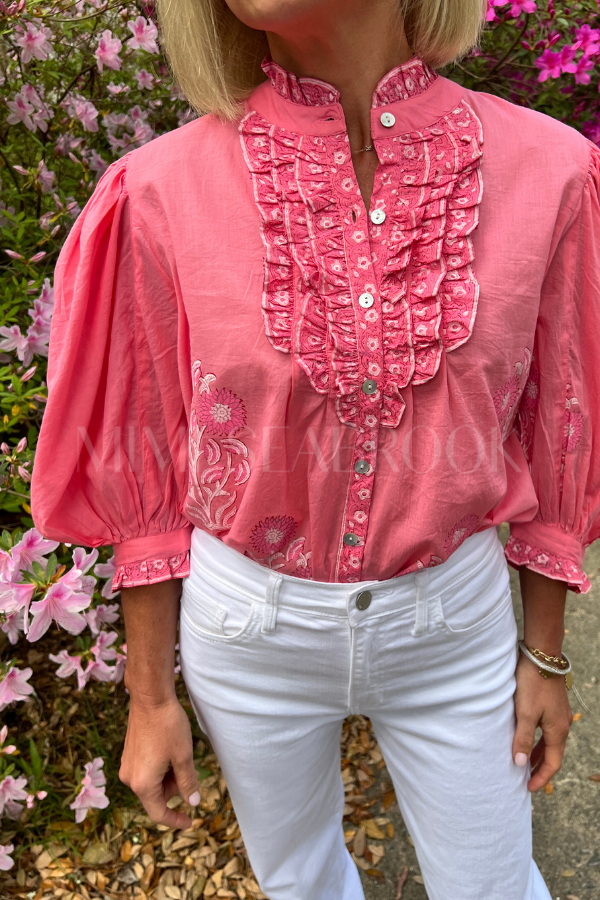 Ruffle Front Button Blouse, Raton Pink by Oliphant