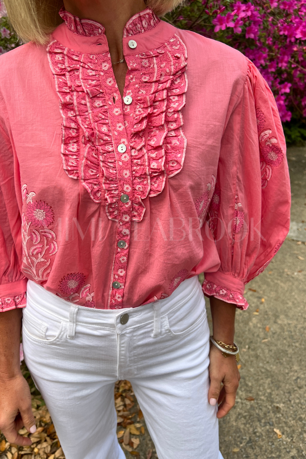 Ruffle Front Button Blouse, Raton Pink by Oliphant