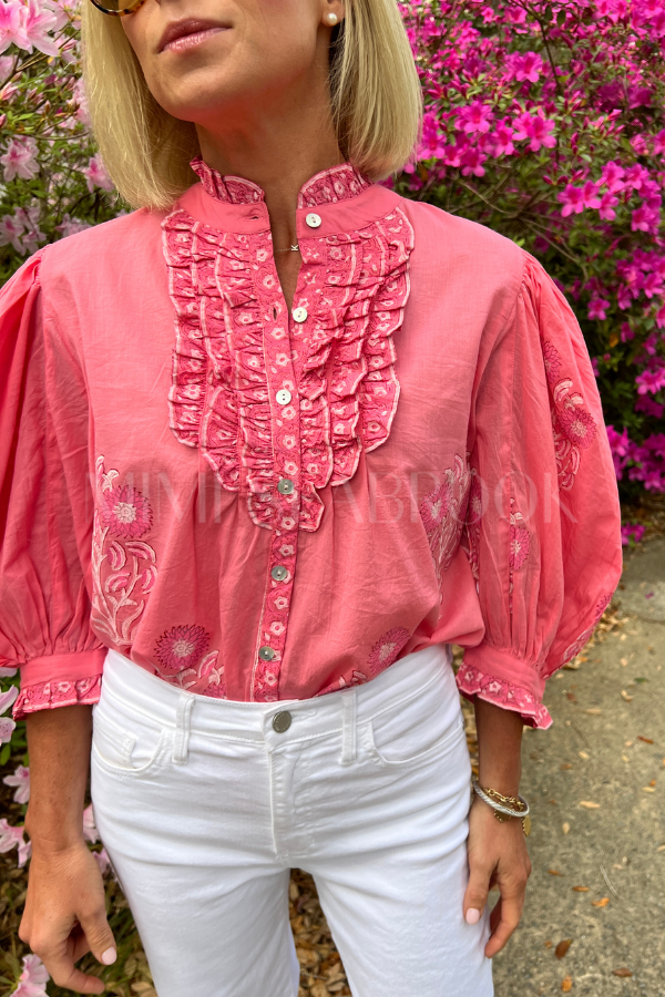 Ruffle Front Button Blouse, Raton Pink by Oliphant