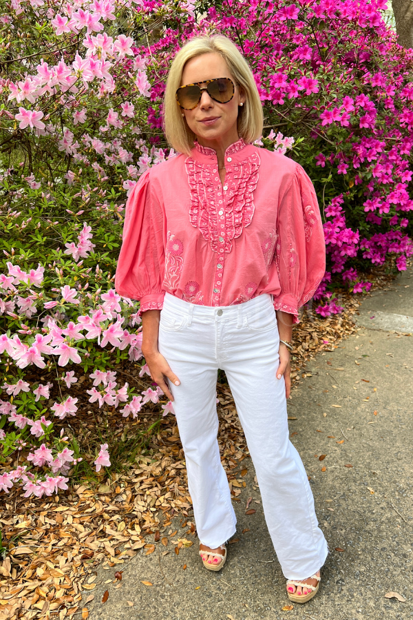 Ruffle Front Button Blouse, Raton Pink by Oliphant