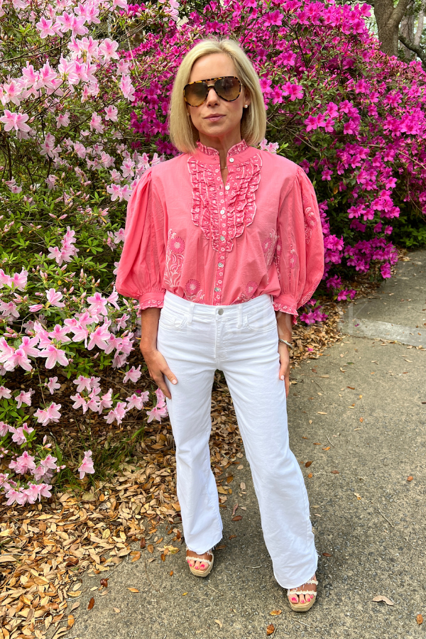 Ruffle Front Button Blouse, Raton Pink by Oliphant