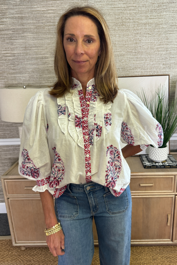 Ruffle Front Button Blouse, Verna Red by Oliphant