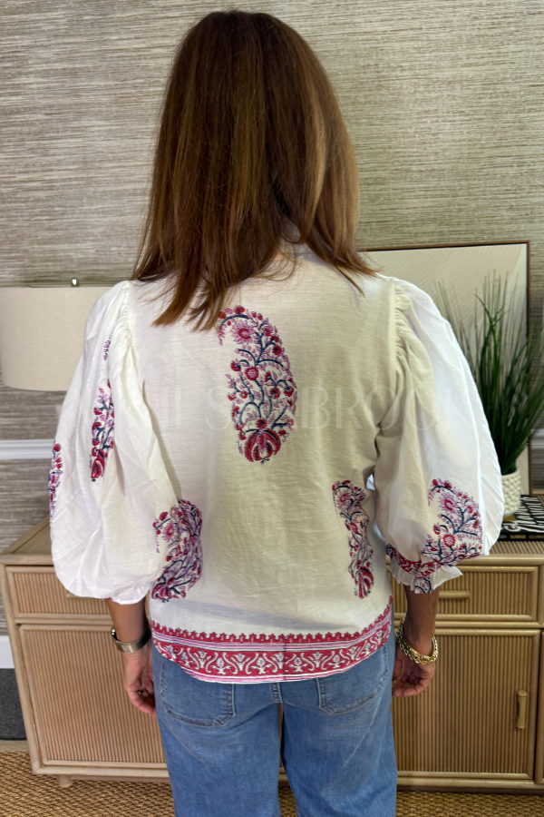 Ruffle Front Button Blouse, Verna Red by Oliphant