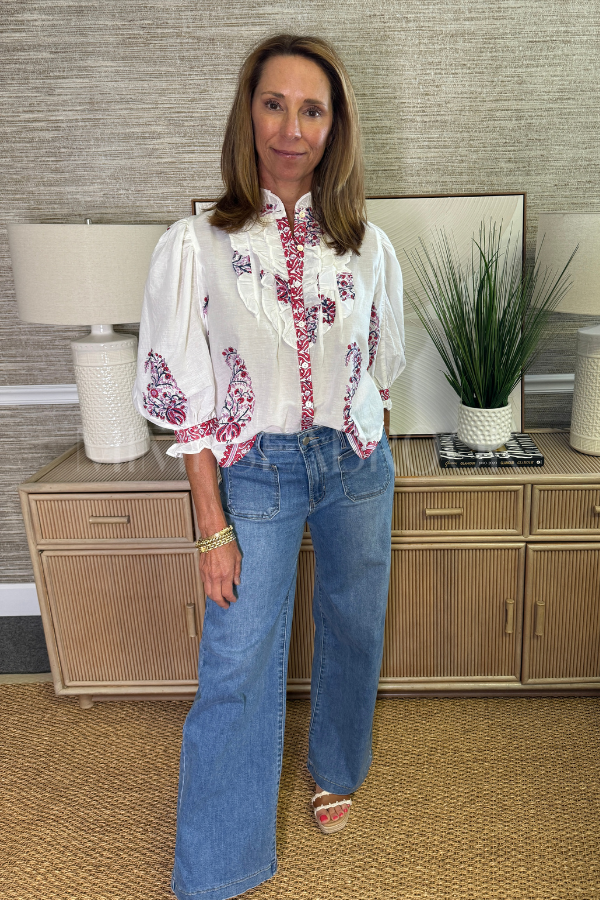 Ruffle Front Button Blouse, Verna Red by Oliphant