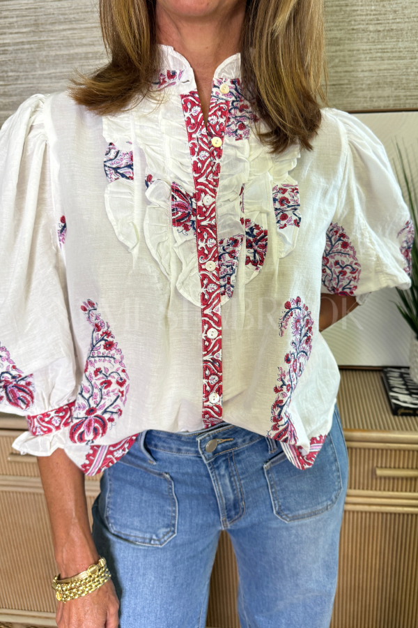 Ruffle Front Button Blouse, Verna Red by Oliphant