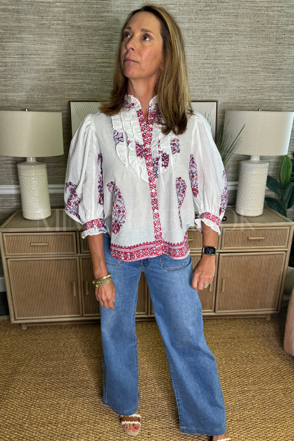 Ruffle Front Button Blouse, Verna Red by Oliphant