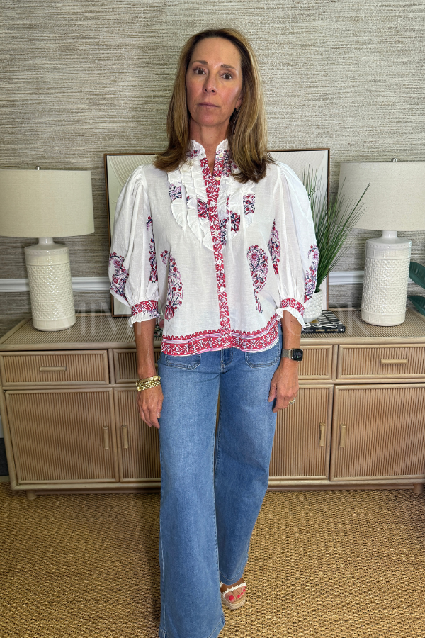 Ruffle Front Button Blouse, Verna Red by Oliphant