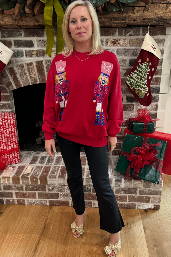 Sequin Nutcracker Sweatshirt Top, red