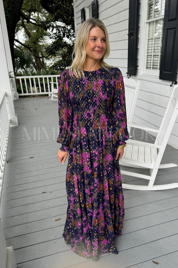 Smocked Top Maxi Dress, Suzani Navy by Oliphant