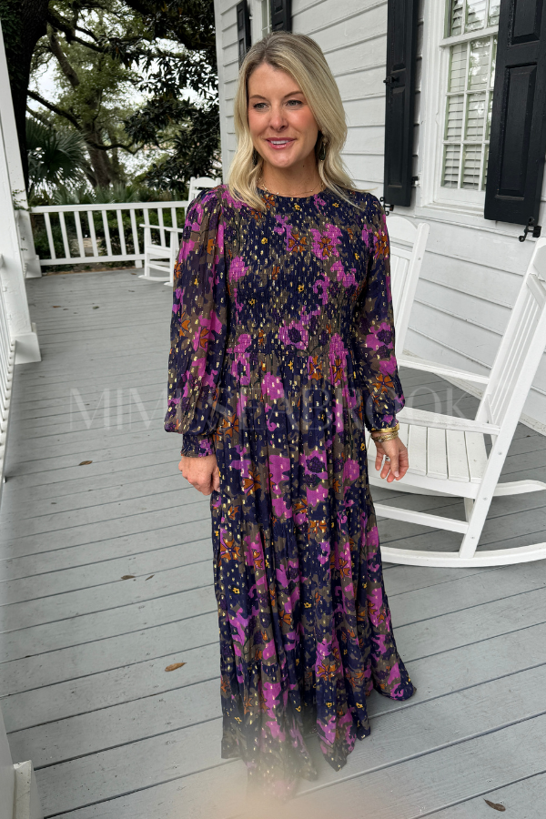 Smocked Top Maxi Dress, Suzani Navy by Oliphant