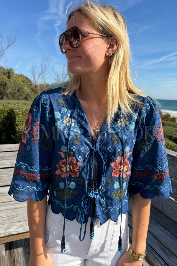 Stitched Garden Dark Blue Blouse by Farm Rio