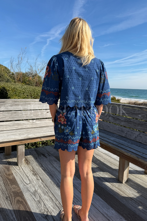 Stitched Garden Dark Blue Shorts by Farm Rio