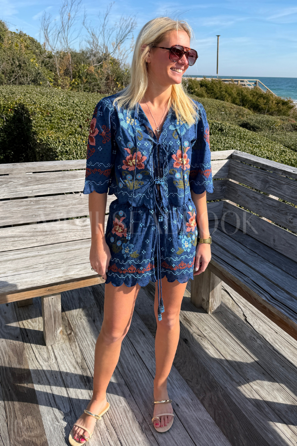 Stitched Garden Dark Blue Shorts by Farm Rio