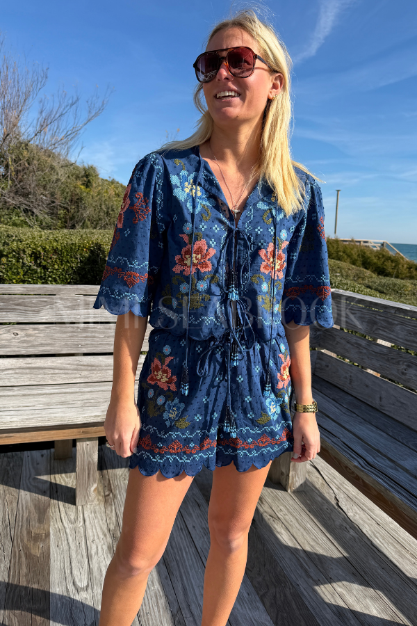 Stitched Garden Dark Blue Shorts by Farm Rio