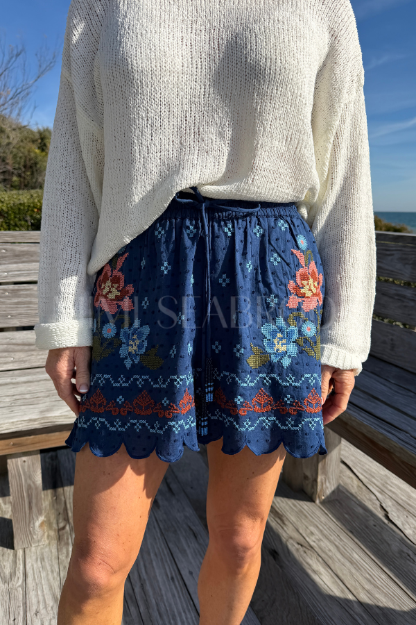 Stitched Garden Dark Blue Shorts by Farm Rio