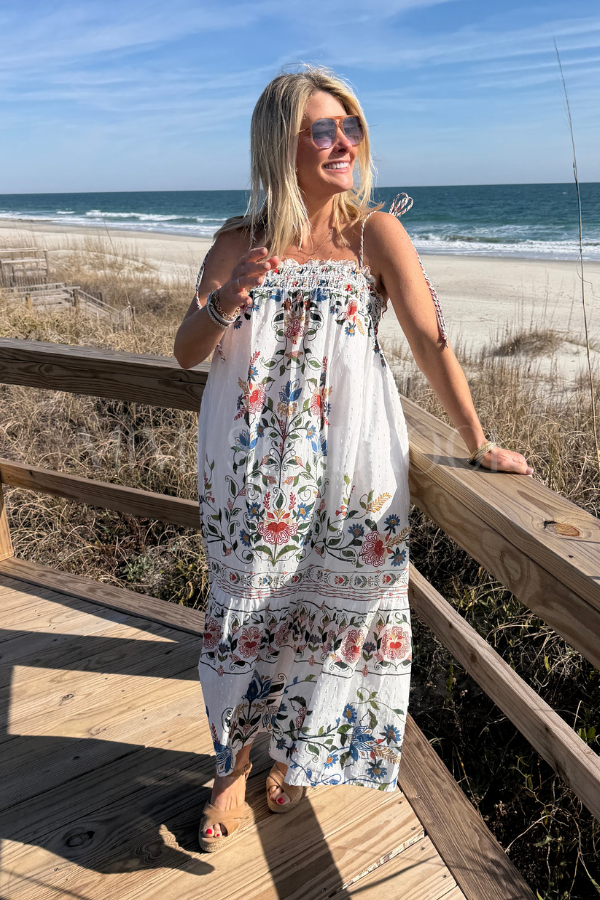 Stitched Garden Off-White Long Dress by Farm Rio Mimi Seabrook Stitched Garden Off-White Long Dress by Farm Rio Mimi Seabrook