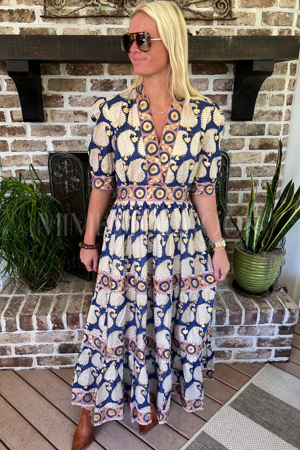 V-Neck Cuffed Maxi Dress, Agra Navy by Oliphant