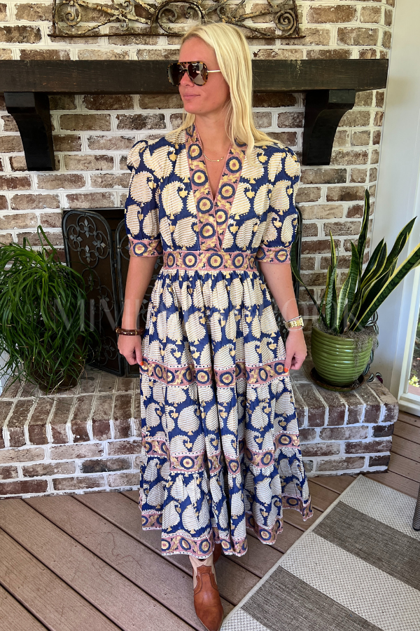 V-Neck Cuffed Maxi Dress, Agra Navy by Oliphant