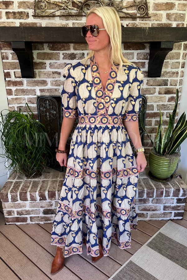V-Neck Cuffed Maxi Dress, Agra Navy by Oliphant