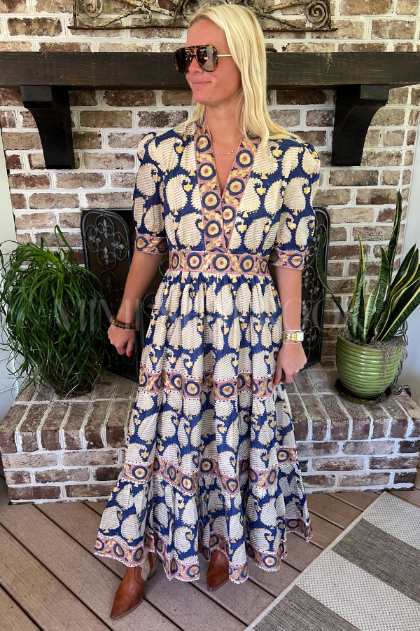 V-Neck Cuffed Maxi Dress, Agra Navy by Oliphant