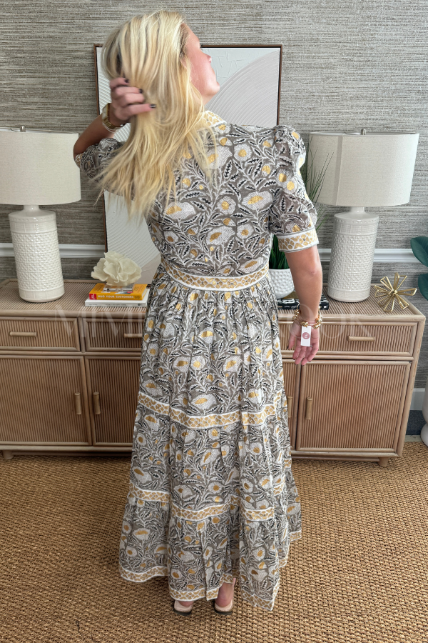 V-Neck Cuffed Maxi Dress, Birch Taupe by Oliphant