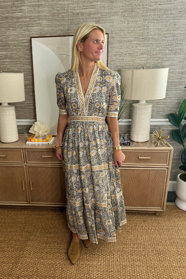 V-Neck Cuffed Maxi Dress, Birch Taupe by Oliphant