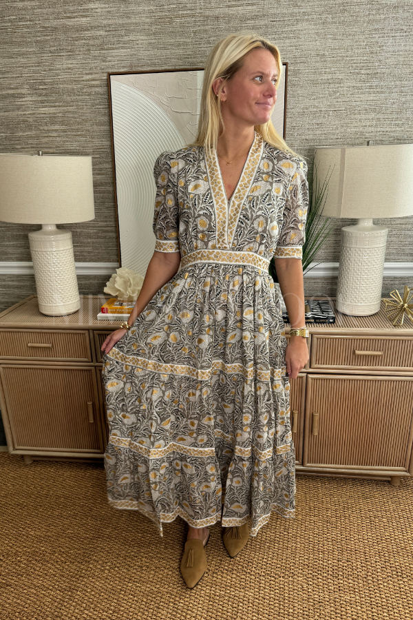 V-Neck Cuffed Maxi Dress, Birch Taupe by Oliphant