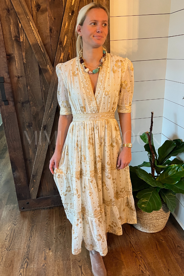 V-Neck Cuffed Maxi Dress, Cream Gold by Oliphant