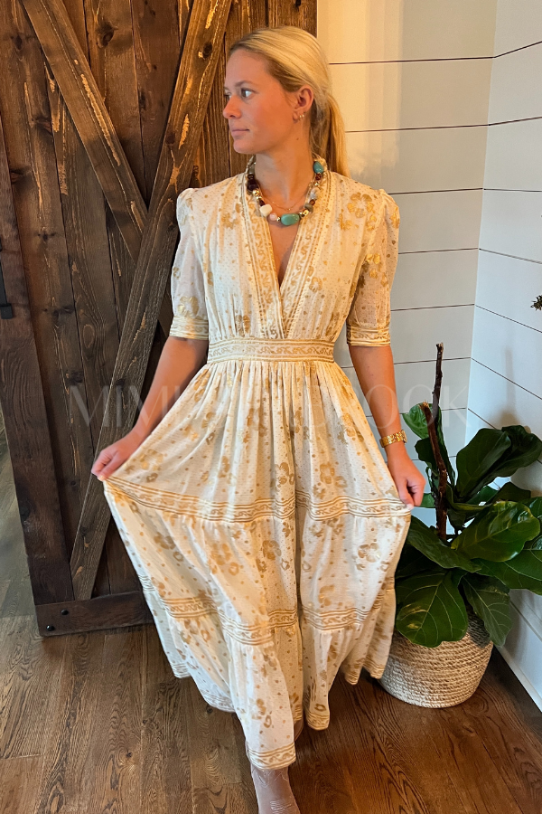 V-Neck Cuffed Maxi Dress, Cream Gold by Oliphant