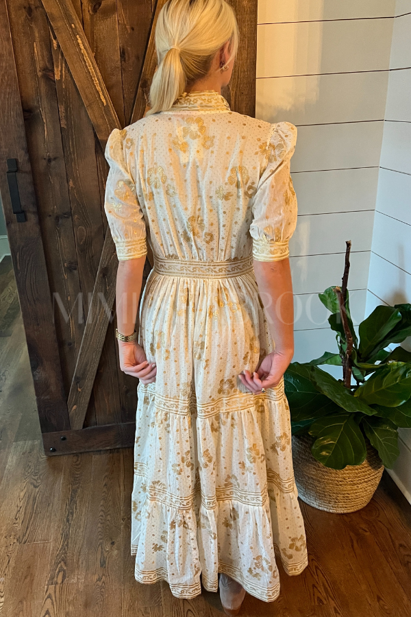 V-Neck Cuffed Maxi Dress, Cream Gold by Oliphant