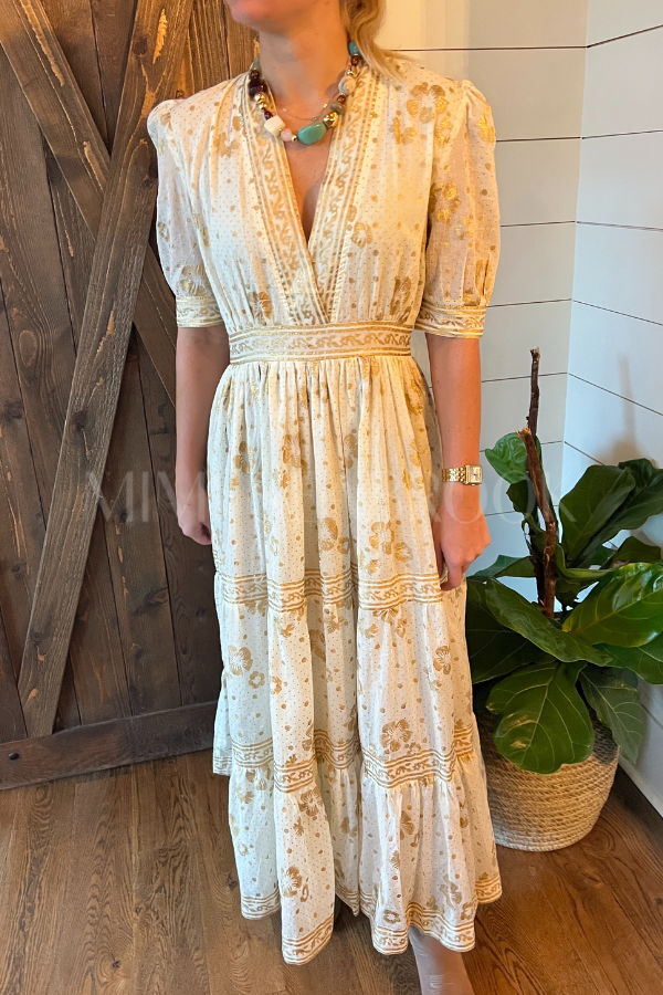 V-Neck Cuffed Maxi Dress, Cream Gold by Oliphant