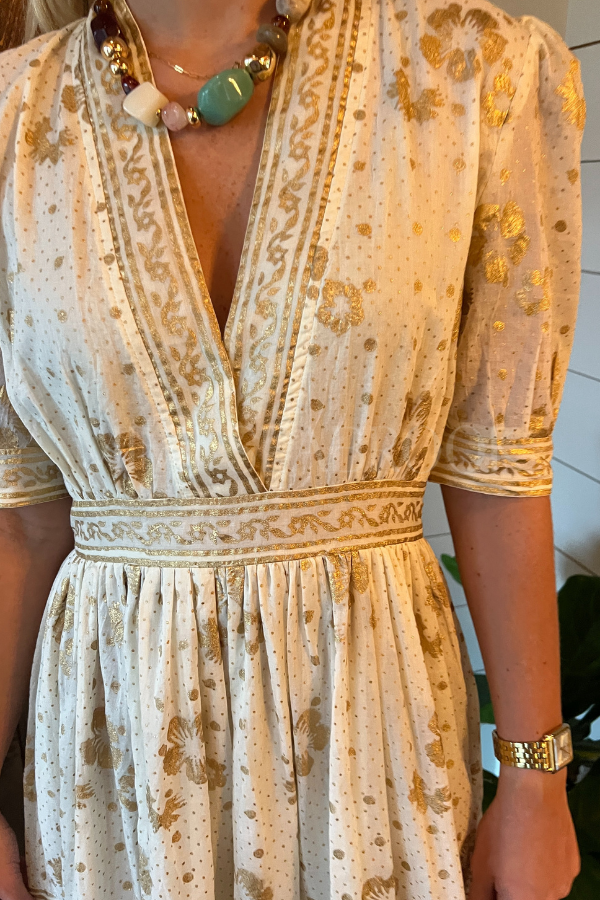 V-Neck Cuffed Maxi Dress, Cream Gold by Oliphant