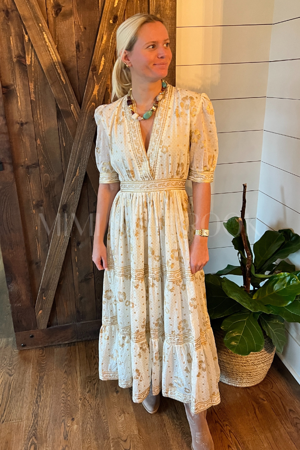 V-Neck Cuffed Maxi Dress, Cream Gold by Oliphant