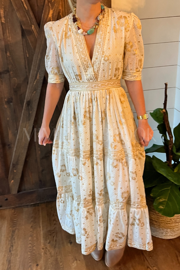 V-Neck Cuffed Maxi Dress, Cream Gold by Oliphant