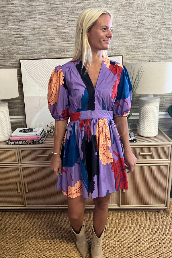 V-Neck Puff Mini Dress, Hague Lavender