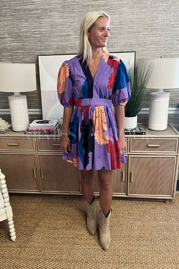 V-Neck Puff Mini Dress, Hague Lavender