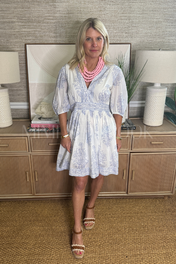 V-Neck Puff Mini Dress, Marseille Blue by Oliphant