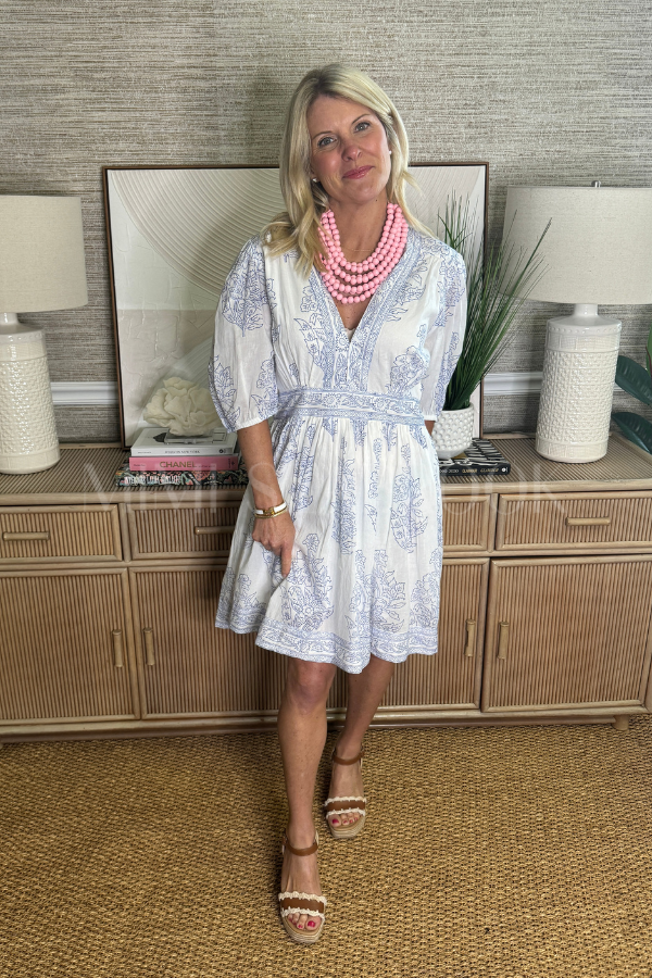 V-Neck Puff Mini Dress, Marseille Blue by Oliphant